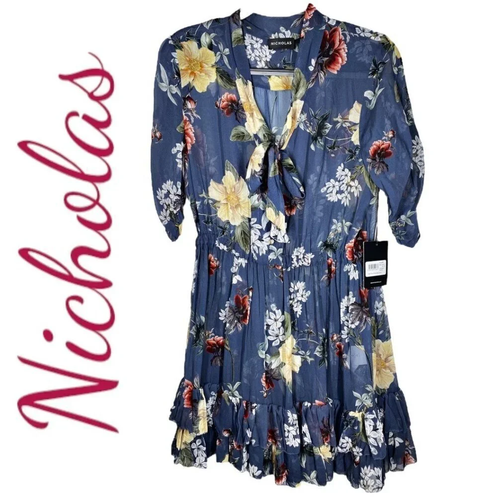 NWT NICHOLASโ 100% Silk Floral Ruffled Mini Dress, Size 8 - Picture 3 of 12